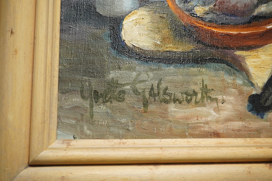 Yvette Galsworthy (20th. C), pair of oils on canvas, Still lifes, comprising 'Pigeon pie' and one other, each signed, 28 x 39cm. Condition - good